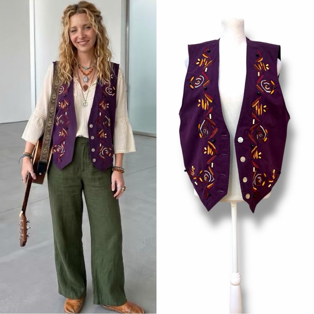 Vtg 80s Phoebe Buffay Boho Beaded Vest Carole Little Sport Purple Western